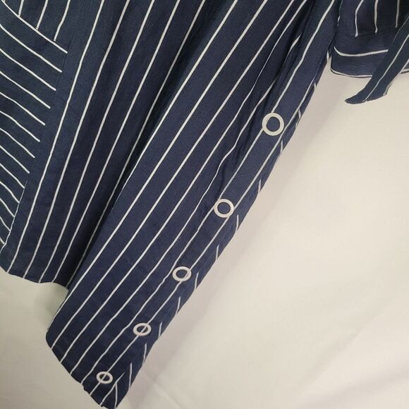 Korean 100% Linen Navy and White Asymmetrical Blouse - Picture 3 of 12